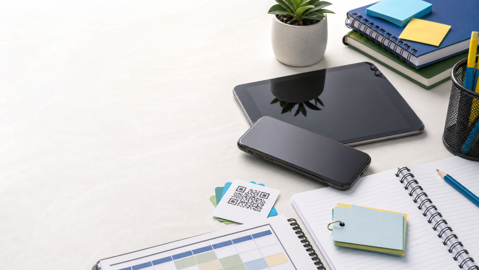 Study desk with mobile devices, revision cards, notes, and learning materials